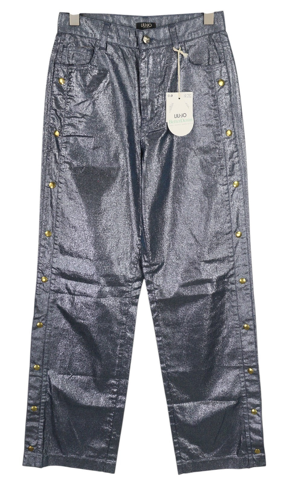 LIU JO Laminato moteriški džinsai W28 blizgučiais ir blizgiais užsegimais šone, įprasto kirpimo, mėlyni, užtrauktuku. 