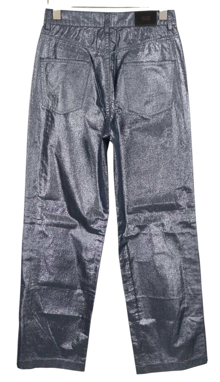 LIU JO Laminato moteriški džinsai W28 blizgučiais ir blizgiais užsegimais šone, įprasto kirpimo, mėlyni, užtrauktuku. 