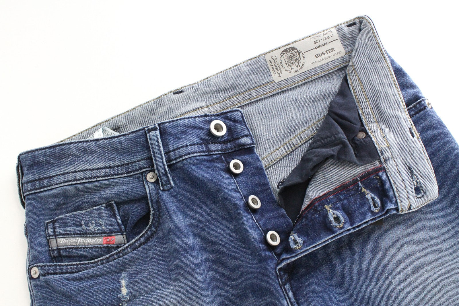 DIESEL Buster 084NV vyriški džinsai W27 L30 Slim Taper Fit tamprūs medvilniniai mėlyni skalbinių mėlynumo džinsai 