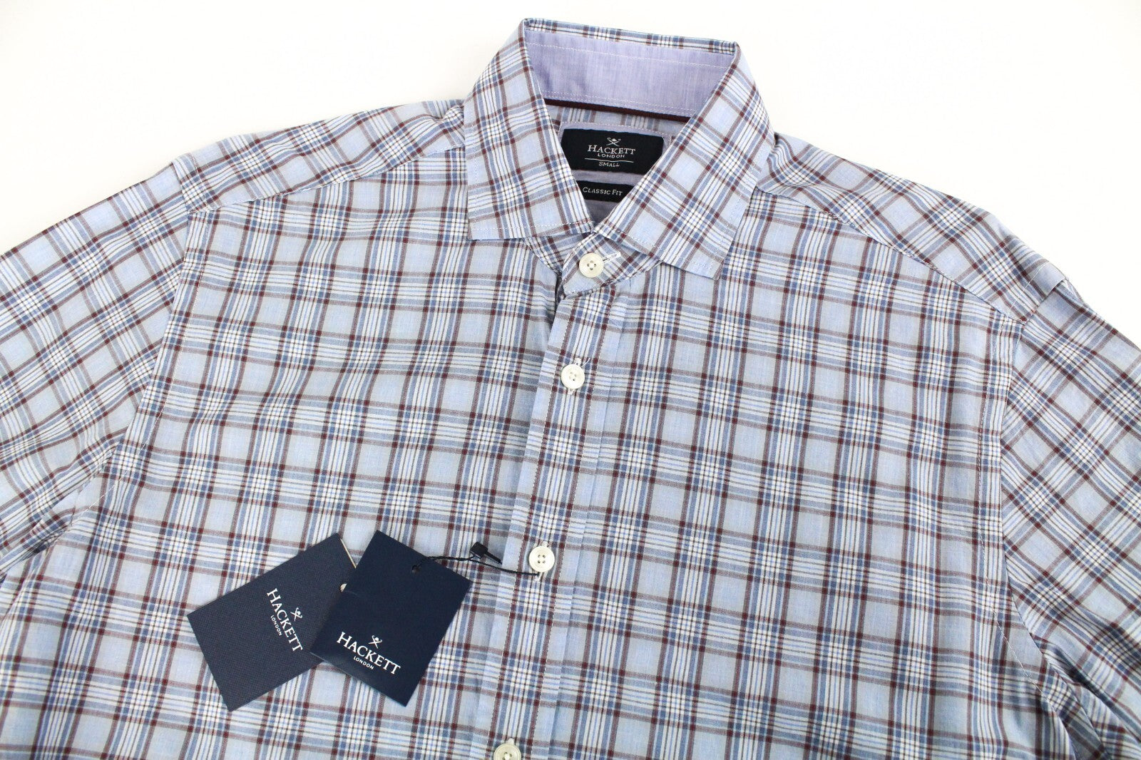 HACKETT Mens Shirt S Light Blue Checkered Melange Button-Up Cotton Dress