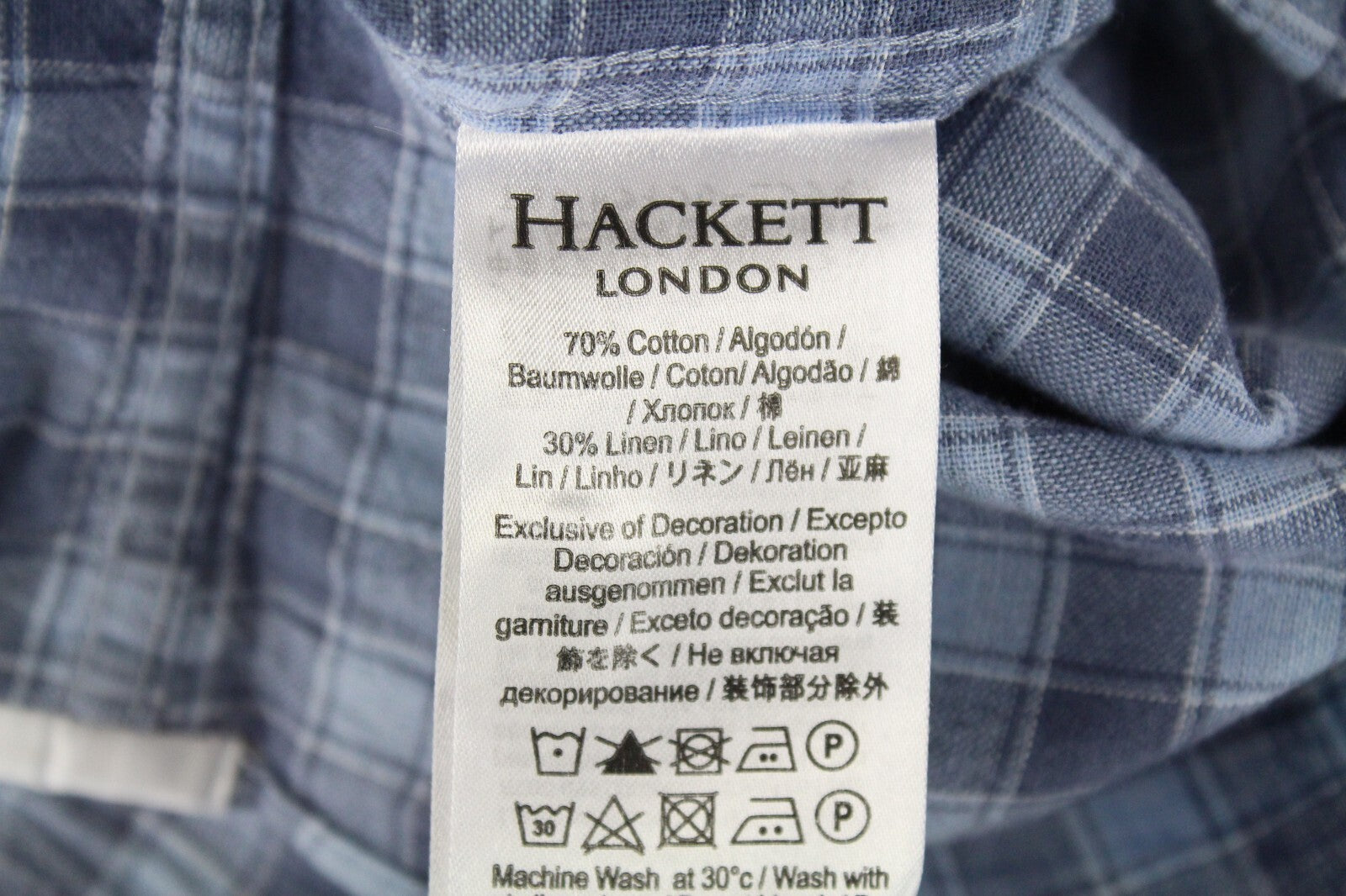 HACKETT Mens Shirt S Mid-Blue Checkered Slim  Linen Cotton Button-Up Melange