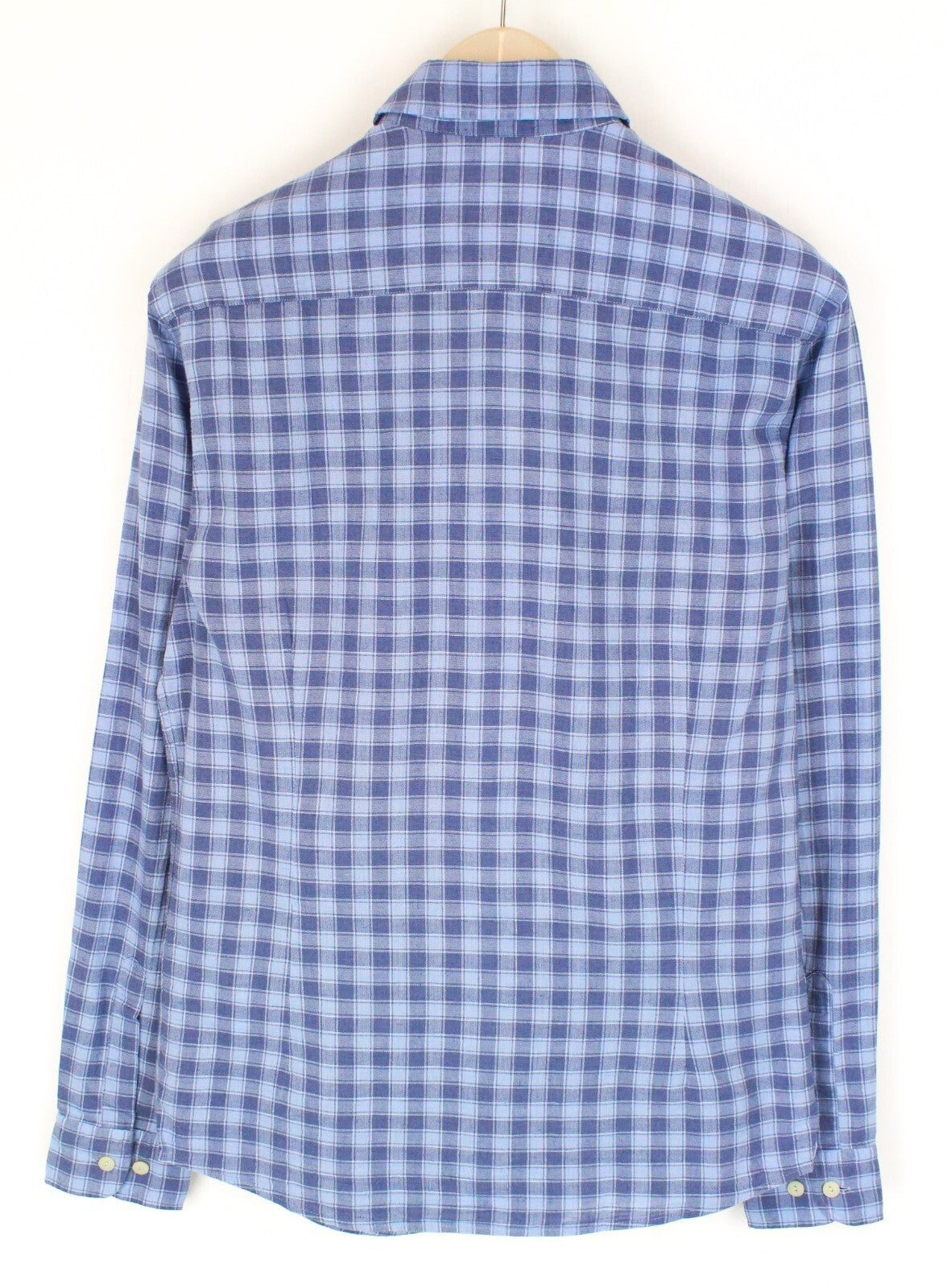 HACKETT Mens Shirt S Mid-Blue Checkered Slim  Linen Cotton Button-Up Melange