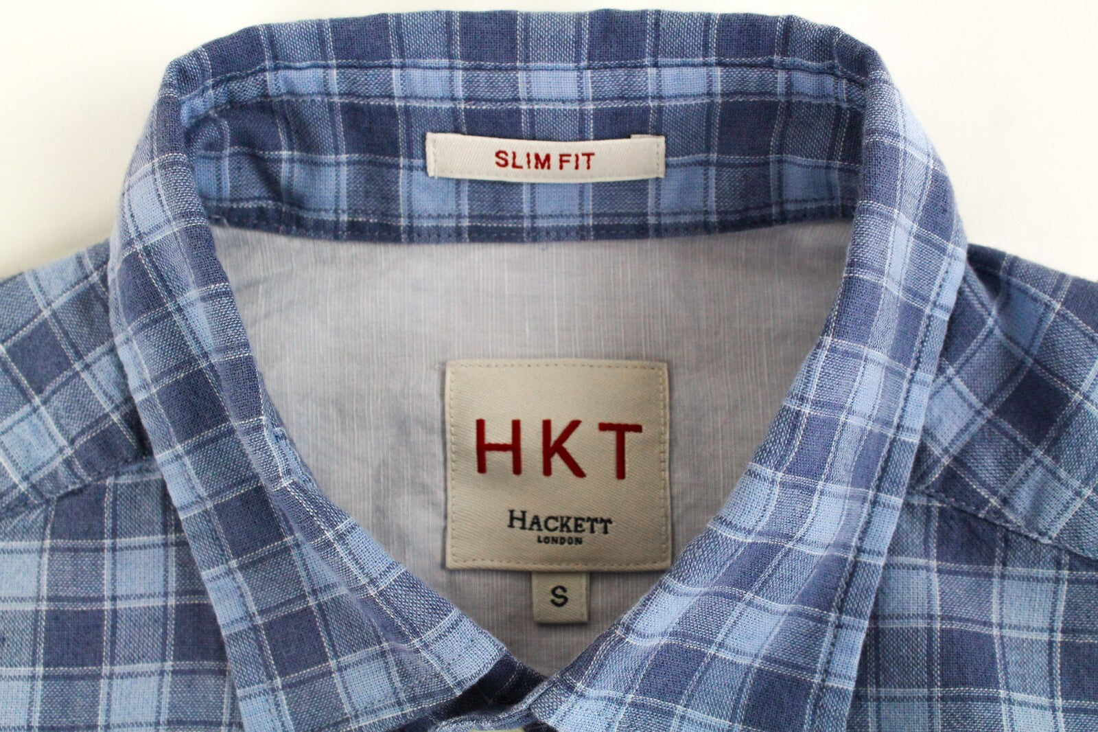 HACKETT Mens Shirt S Mid-Blue Checkered Slim  Linen Cotton Button-Up Melange