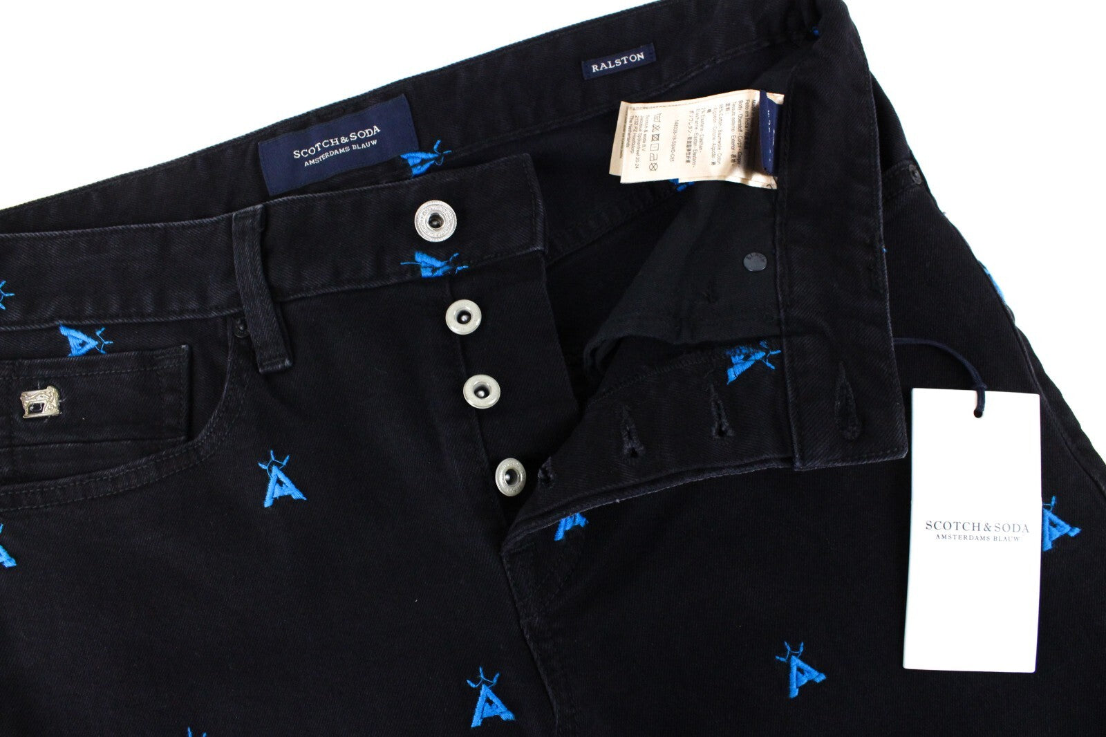 SCOTCH &amp; SODA vyriški džinsai W29/L34 Slim juodi, tamprūs, raštuoti Ralston džinsai 
