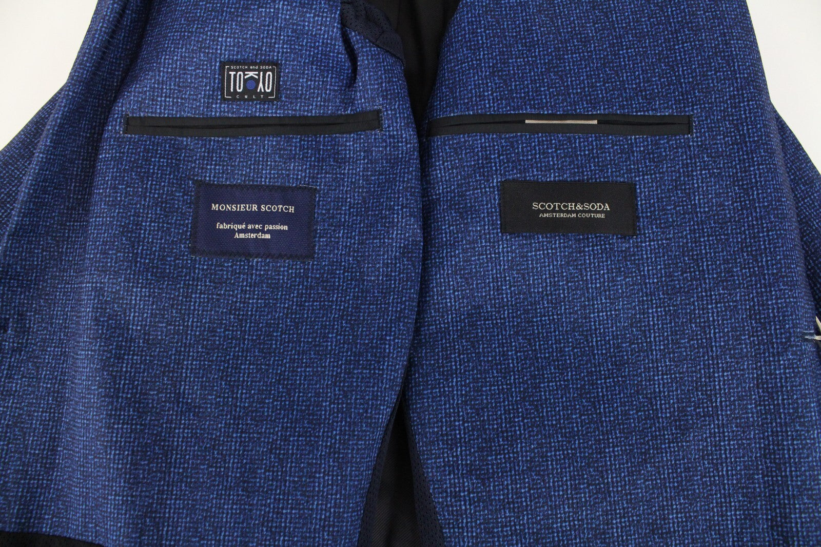 SCOTCH &amp; SODA Ams Couture vyriškas švarkas ~L mėlynas raštuotas su įpjova apykakle ir viena saga 