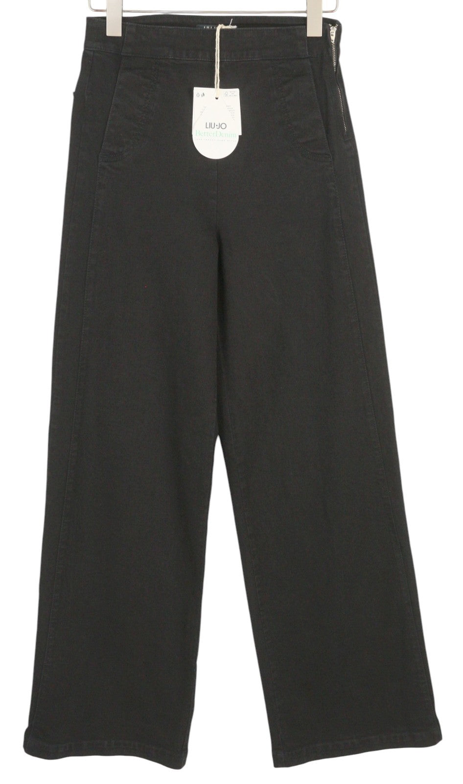 LIU JO moteriški džinsai W28 aukštu juosmeniu, plačių klešnių užtrauktuku, juodi, laisvalaikio stiliaus. 