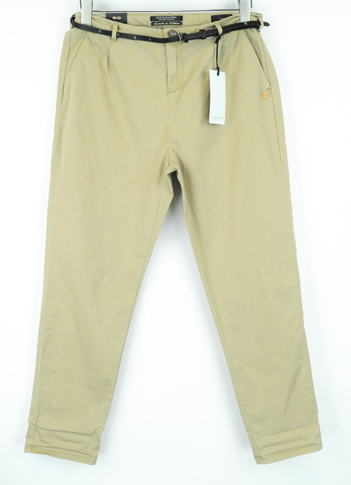 MAISON SCOTCH moteriškos W30/L32 trumpos chino kelnės, šviesiai rudos, su diržu, medvilninės 