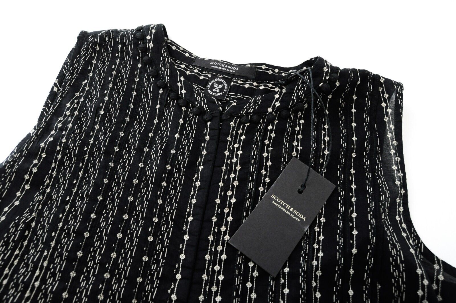 SCOTCH & SODA Ams Blauw Womens Blouse S Sleeveless Black Cotton Pom Pom Trim