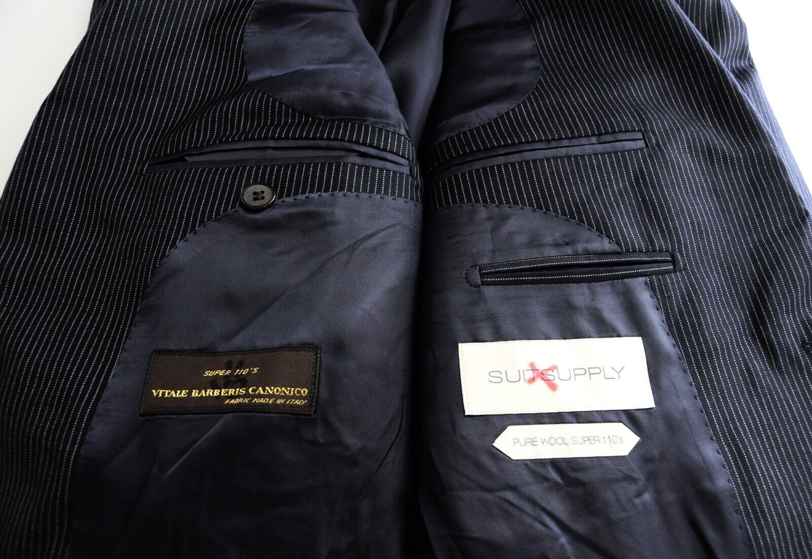 SUITSUPPLY Lazio Mens Suit UK38R Navy Slim  2 Pc Super  Wool Stripe