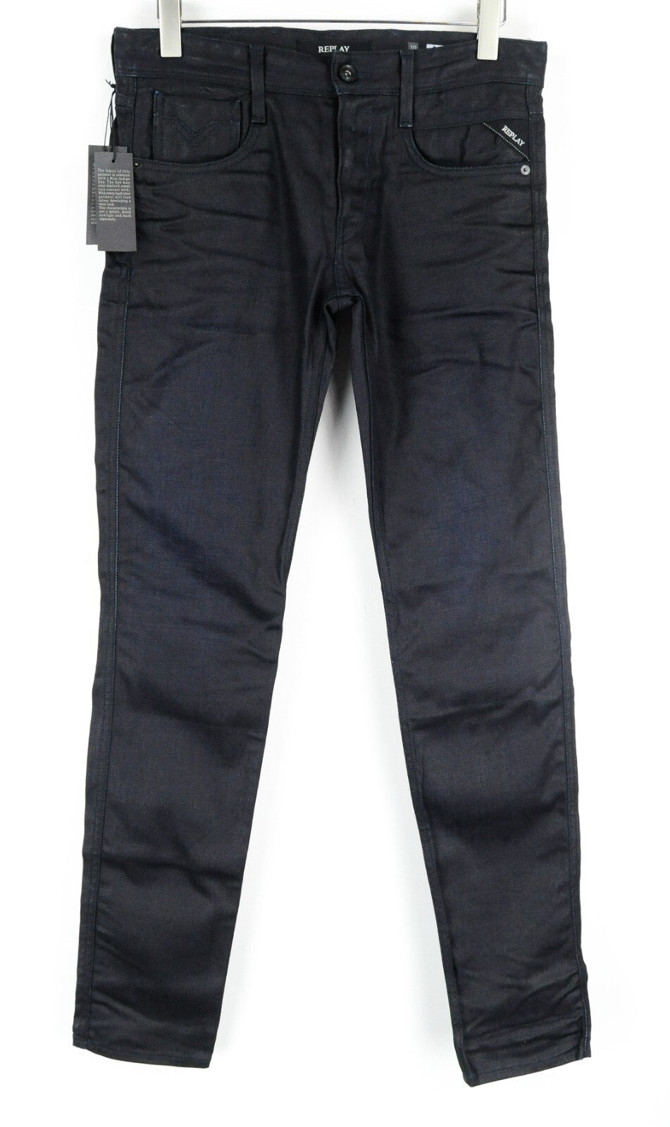 REPLAY Anbass Mens Jeans W30/L34 Navy Coated Slim  Stretchy Cotton 5-Pocket
