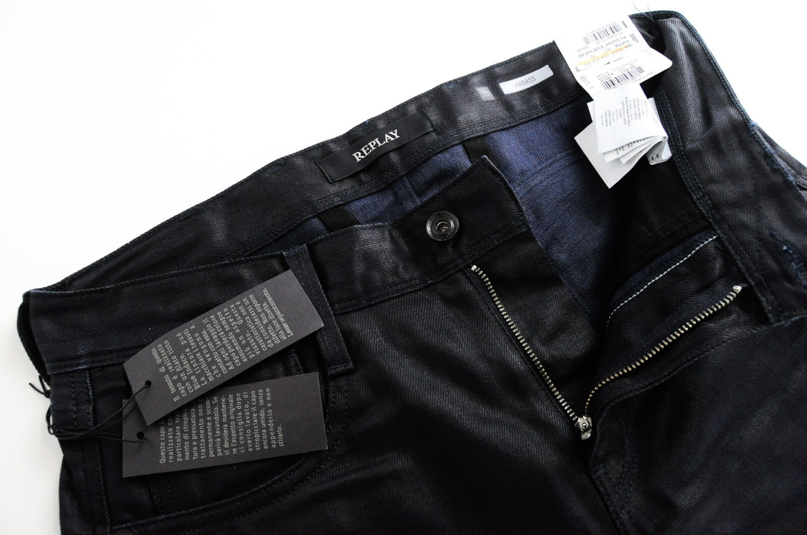 REPLAY Anbass Mens Jeans W30/L34 Navy Coated Slim  Stretchy Cotton 5-Pocket