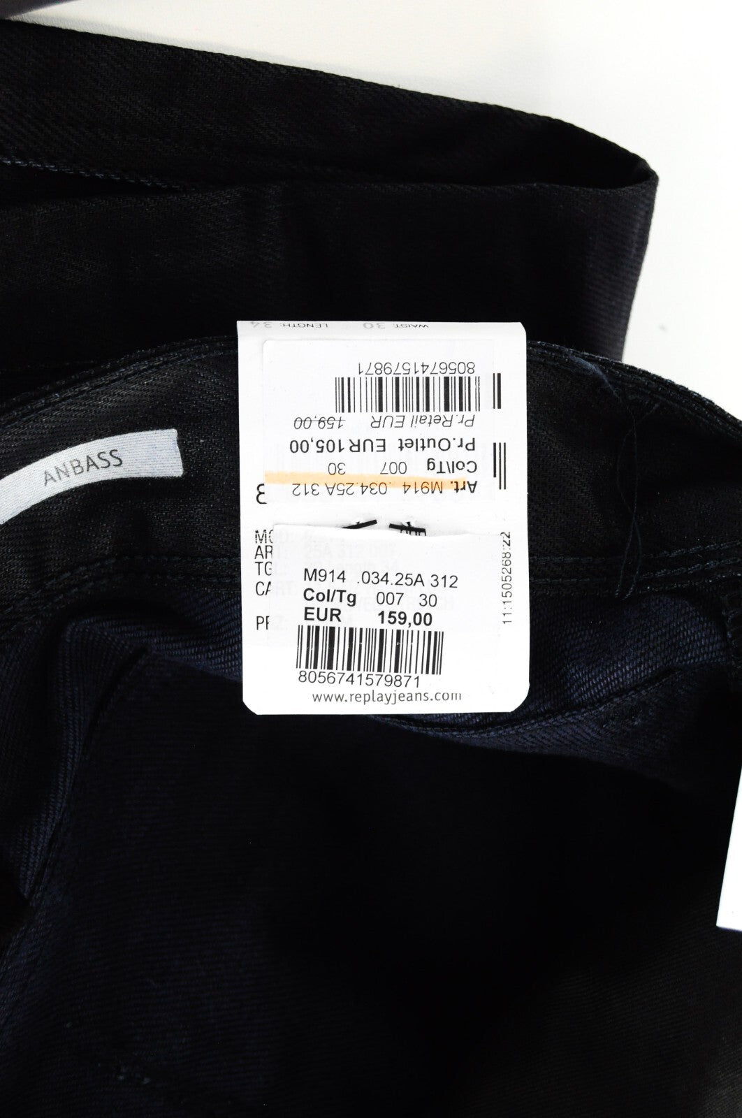 REPLAY Anbass Mens Jeans W30/L34 Navy Coated Slim  Stretchy Cotton 5-Pocket