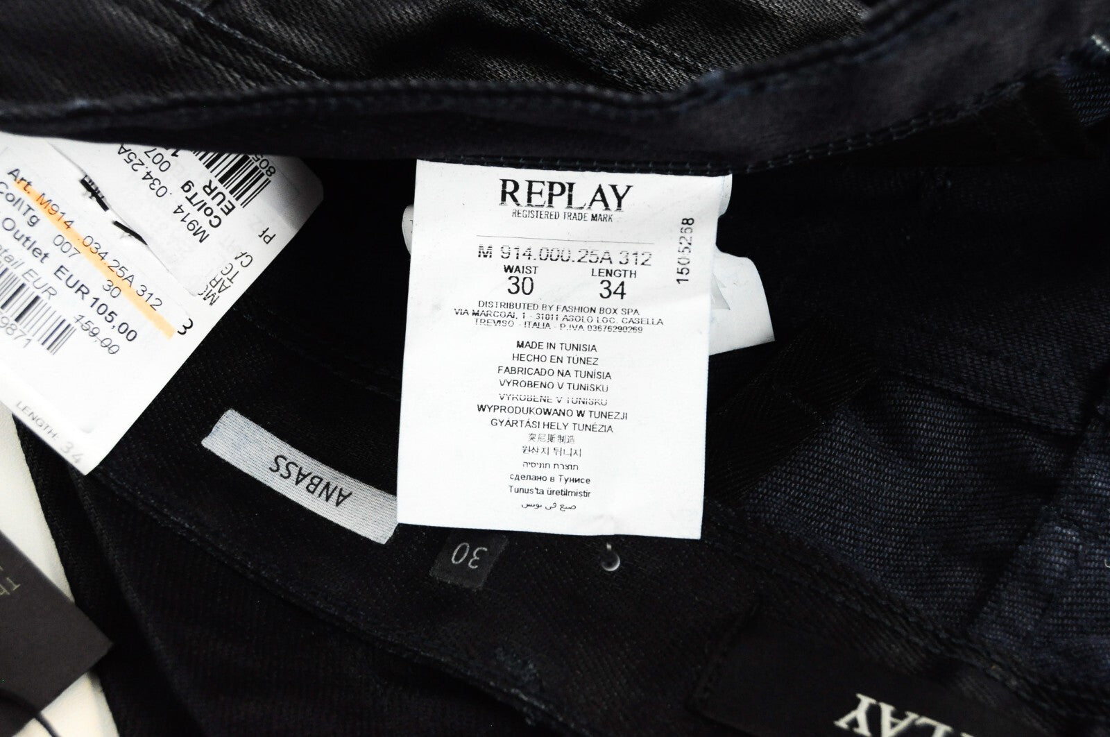 REPLAY Anbass Mens Jeans W30/L34 Navy Coated Slim  Stretchy Cotton 5-Pocket