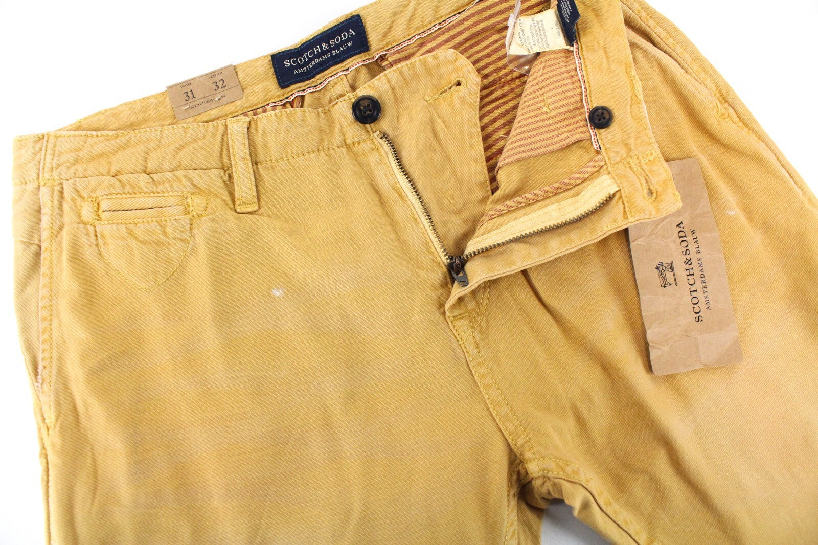SCOTCH & SODA Theon Mens Trousers W31/L32 Slim Yellow Washed Cotton Taper