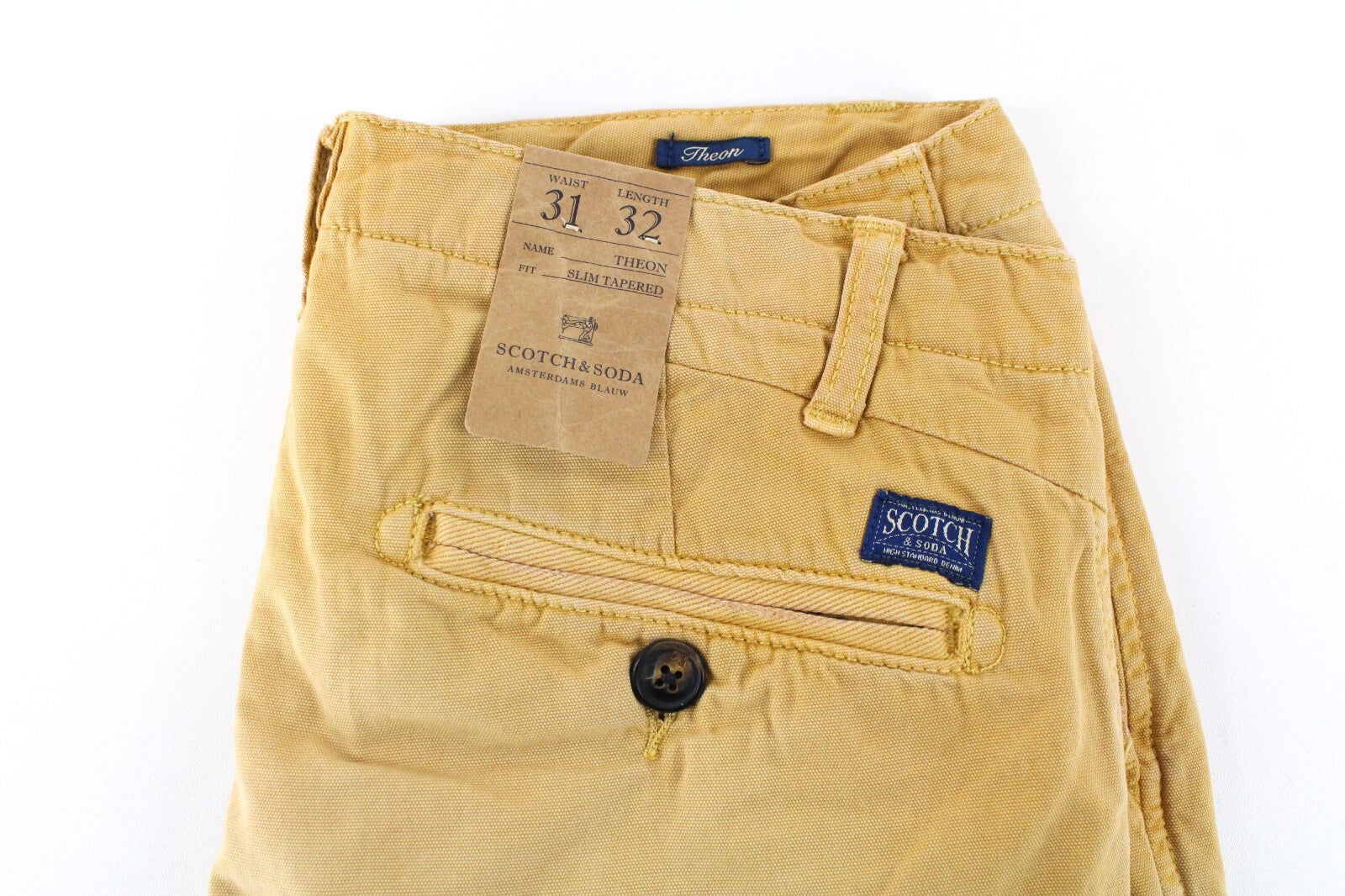 SCOTCH & SODA Theon Mens Trousers W31/L32 Slim Yellow Washed Cotton Taper