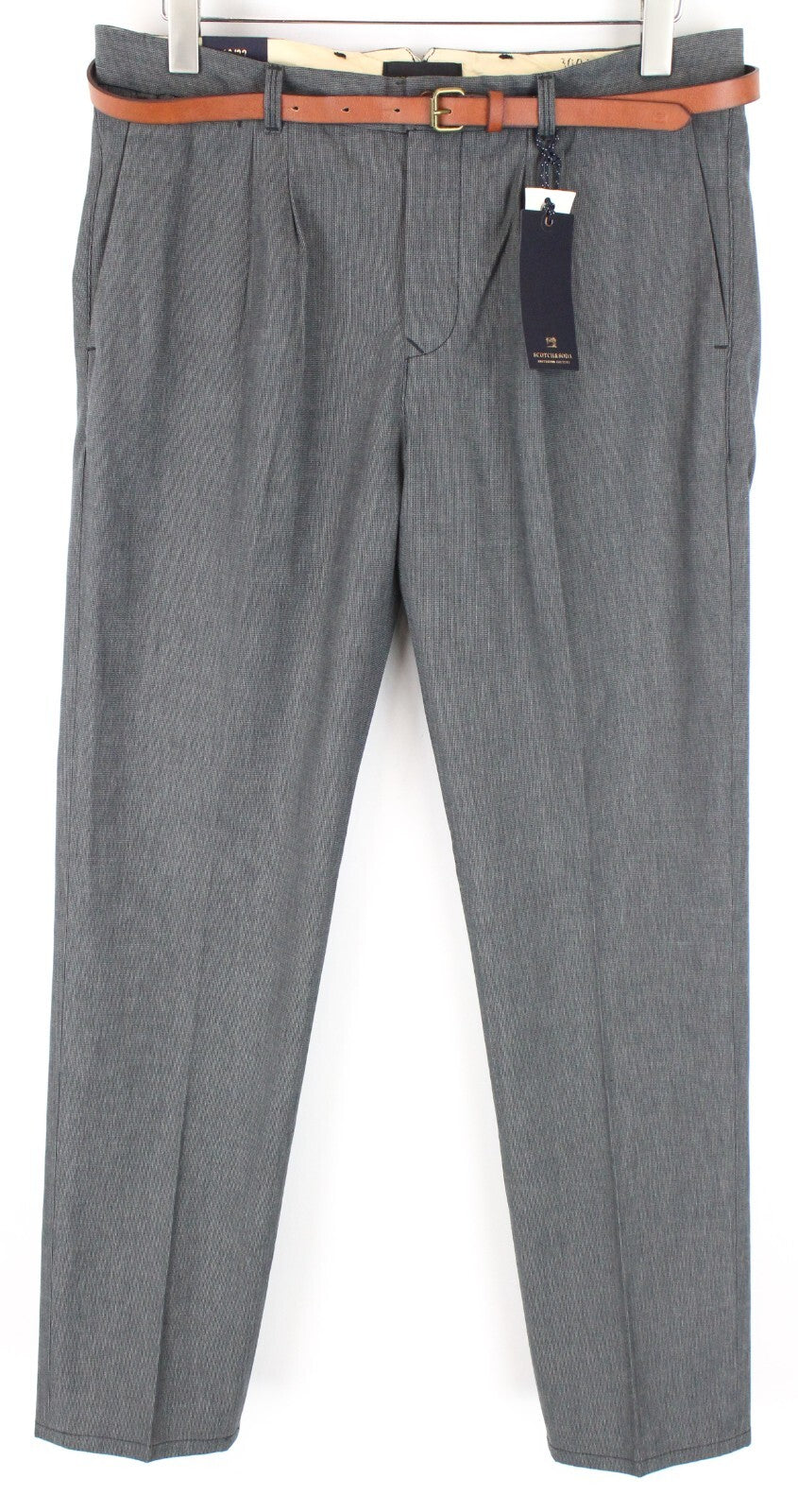SCOTCH & SODA Stuart Mens Pants W33/L32 Slim Grey Cotton Pleated Belted