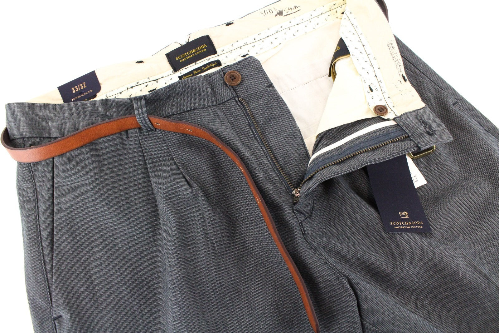 SCOTCH & SODA Stuart Mens Pants W33/L32 Slim Grey Cotton Pleated Belted