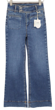 LIU JO Flare Fletti moteriški džinsai W28 aukštu juosmeniu, plačių klešnių spalvos, skalbto džinso mėlynumo. 