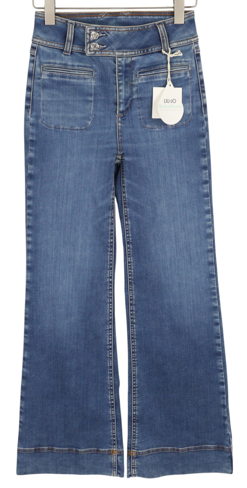 LIU JO Flare Fletti moteriški džinsai W28 aukštu juosmeniu, plačių klešnių spalvos, skalbto džinso mėlynumo. 