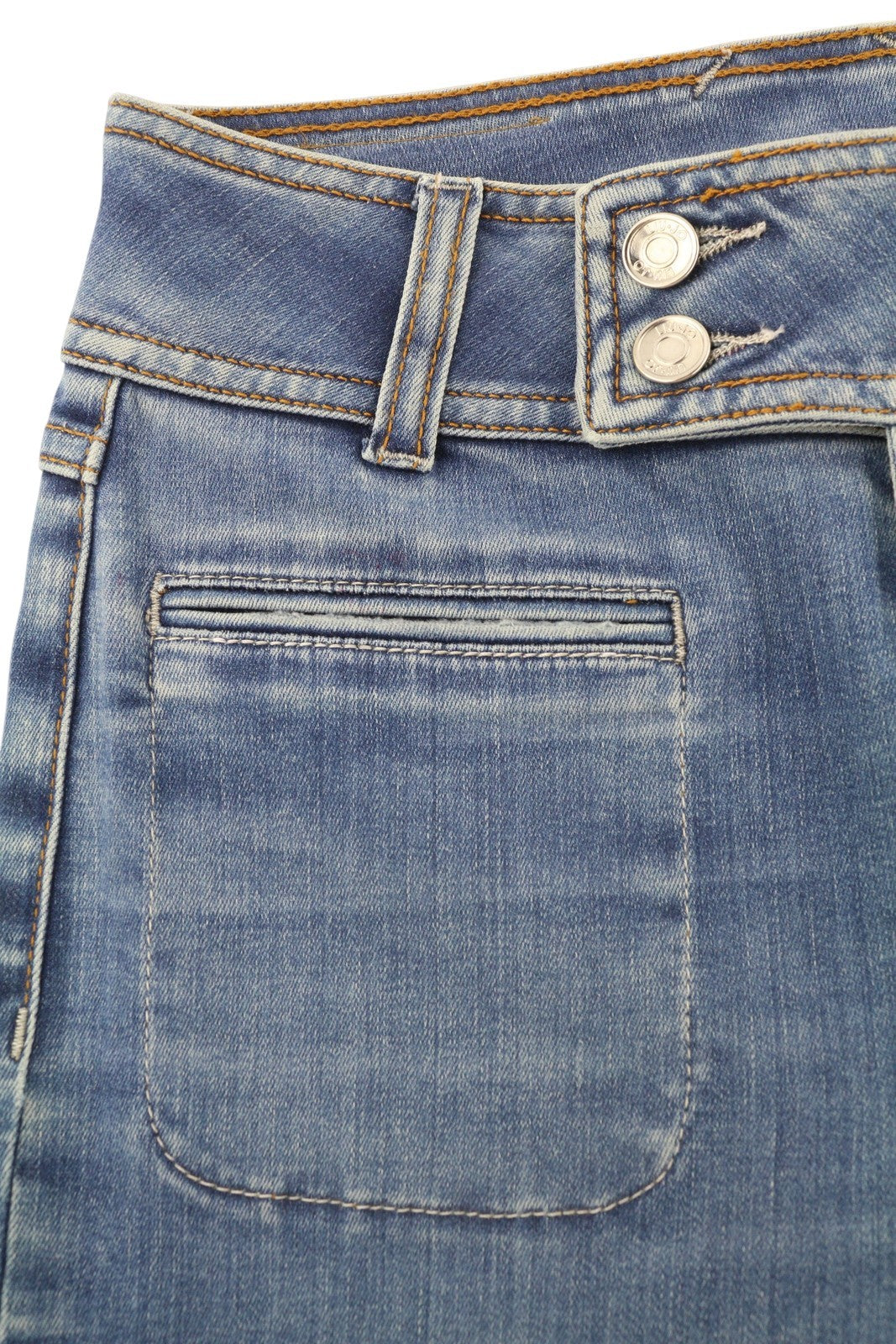 LIU JO Flare Fletti moteriški džinsai W28 aukštu juosmeniu, plačių klešnių spalvos, skalbto džinso mėlynumo. 