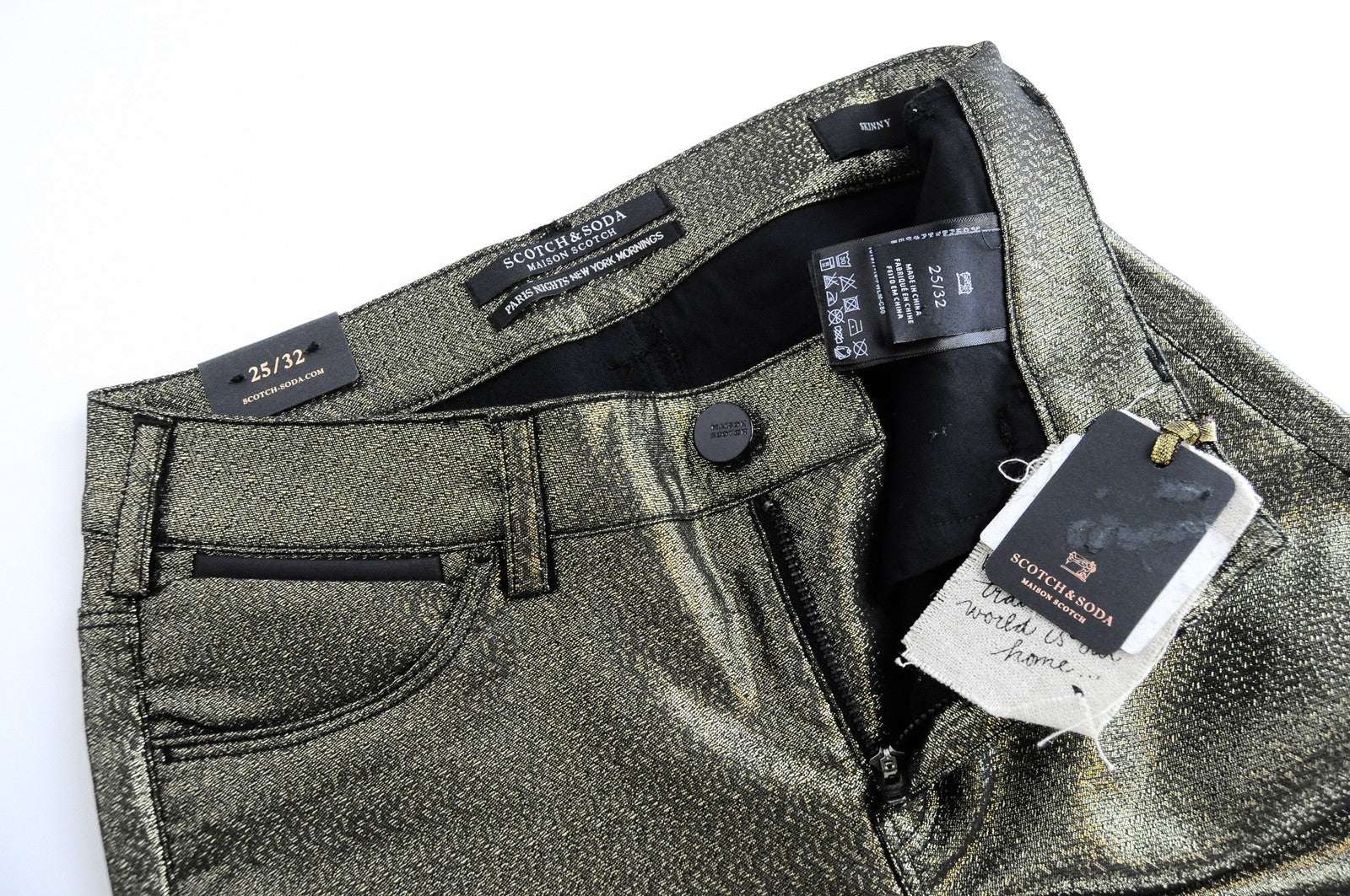 MAISON SCOTCH Womens Gold W25/L32 Skinny Mid Rise Pants Stretchy Shiny Thread