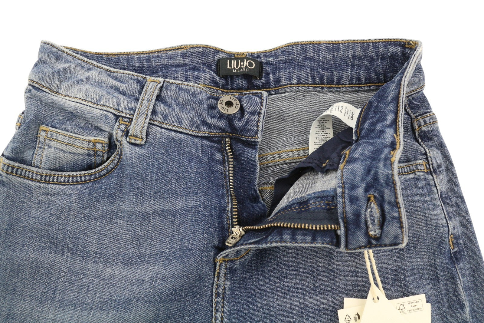 LIU JO moteriški džinsai W26 aukštu juosmeniu, laisvalaikio stiliaus, mėlyni. 