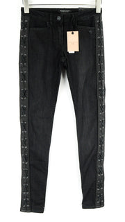 MAISON SCOTCH moteriški džinsai W25 juodi, aptempti, tamprūs medvilniniai džinsai su raišteliais šonuose 