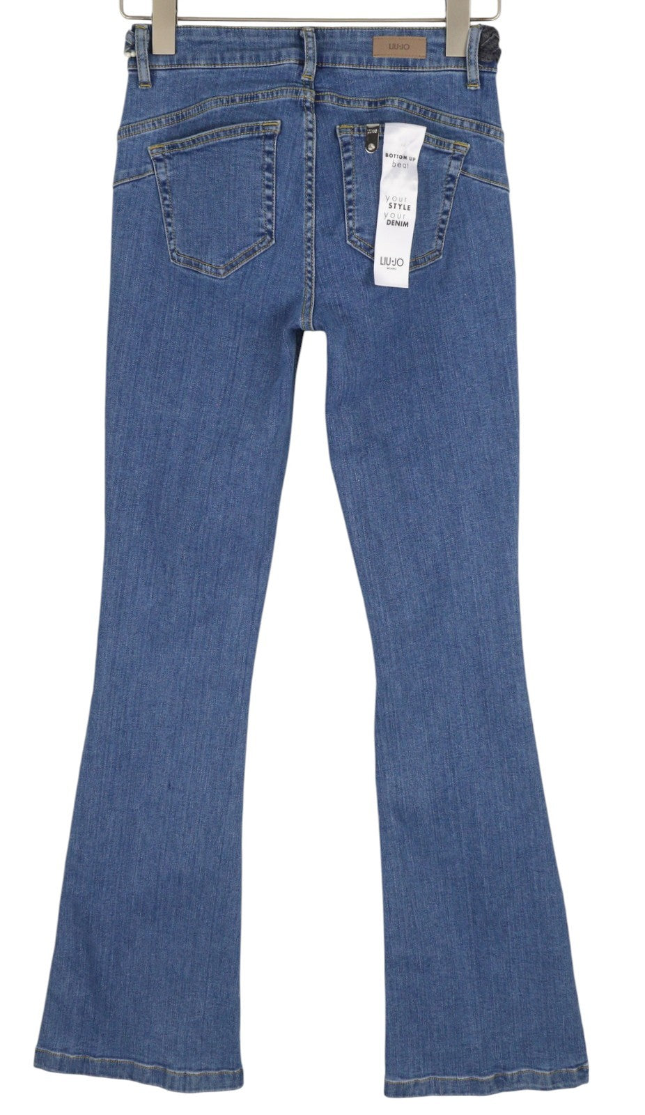LIU JO Up Beat moteriški džinsai W28 su diržu, iš apačios į viršų, su užtrauktuku, mėlyni 