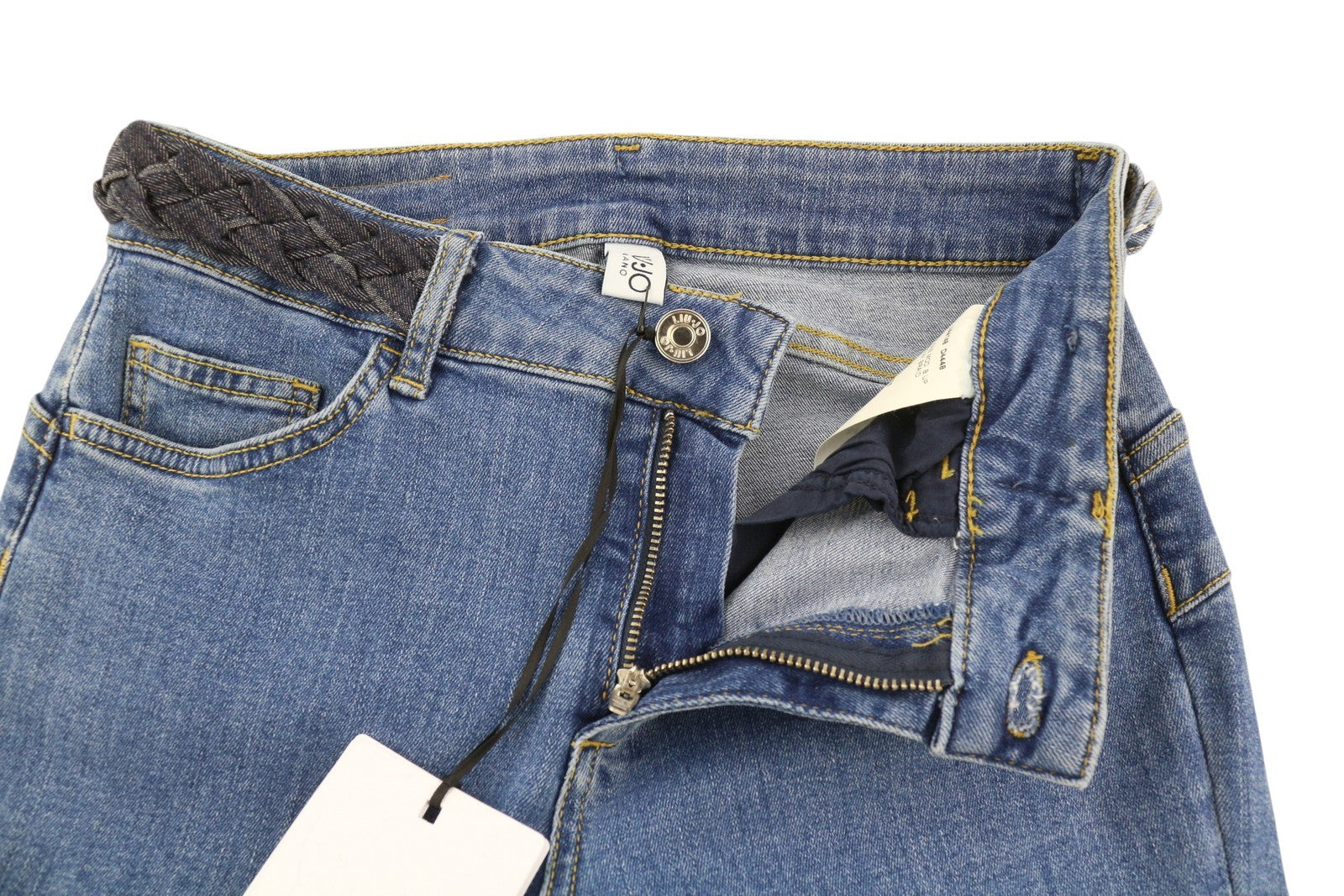 LIU JO Up Beat moteriški džinsai W28 su diržu, iš apačios į viršų, su užtrauktuku, mėlyni 