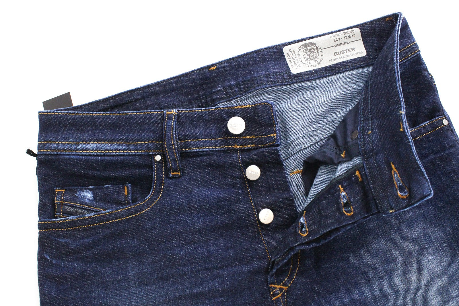 DIESEL Buster 069BM vyriški džinsai W27 L32 Slim Fit tamprūs medvilniniai mėlyni skalbinių rašto džinsai 