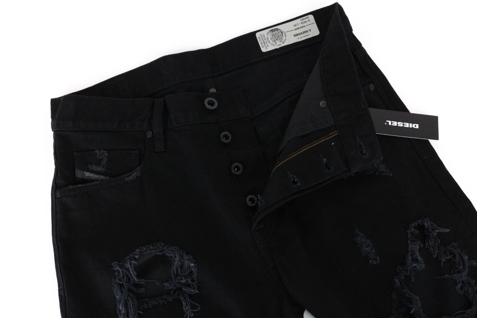 DIESEL Mharky 084WR vyriški džinsai W29 L30 Slim Skinny Fit juodi medvilniniai džinsai 