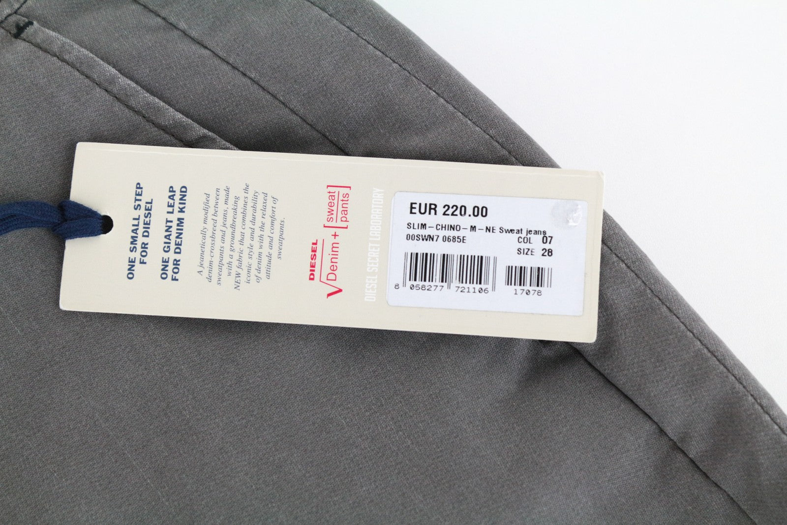 DIESEL Chino-M-NE 0685E vyriški džinsai W28 Sweat Jogg Slim Fit pilki su tampriomis klostėmis 