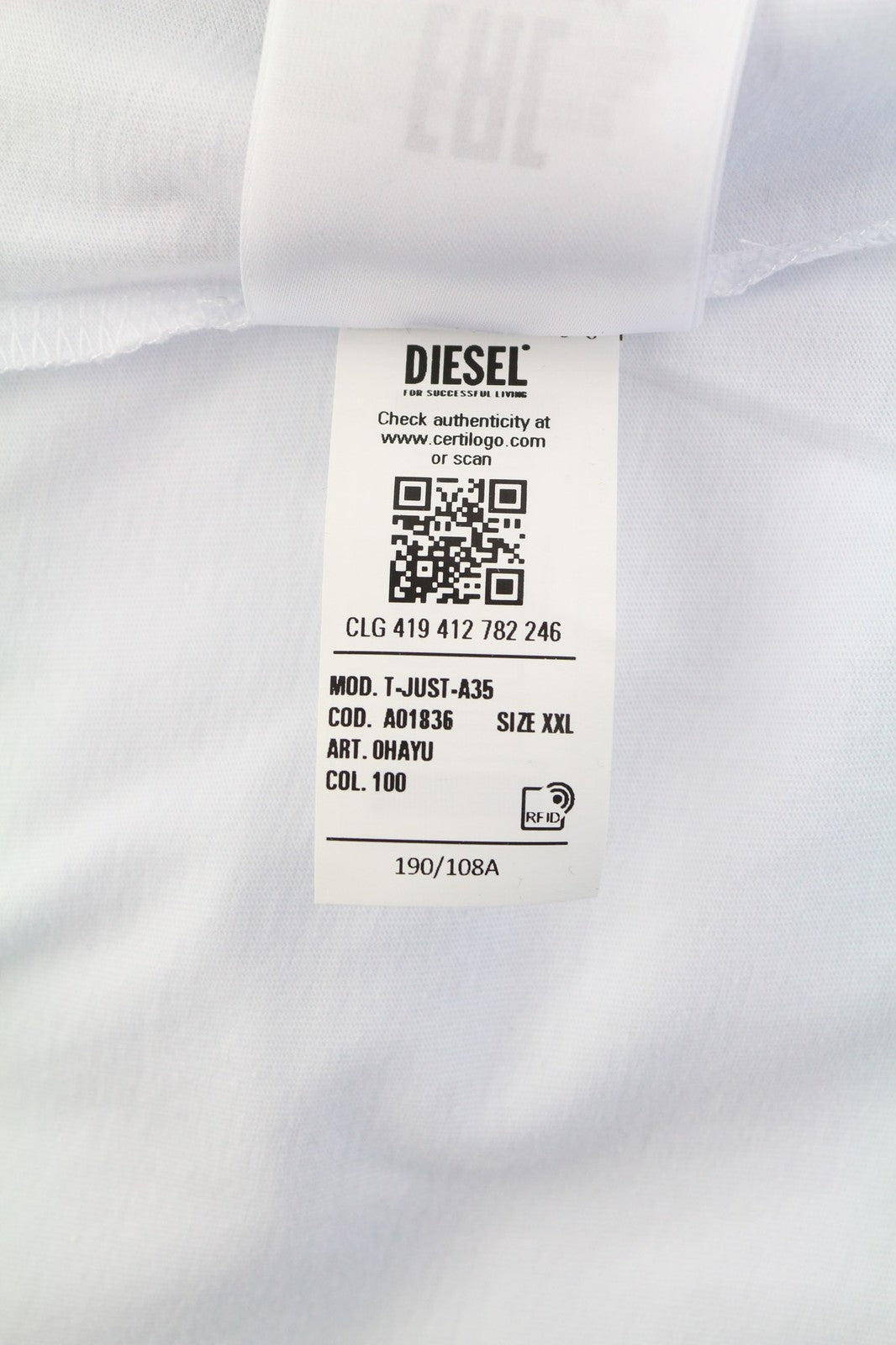 DIESEL T-Just-A35 mens T-Shirt 2XL Short sleeved Crew Front  Tricot White