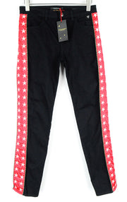 MAISON SCOTCH moteriški W30/L31 juodi tiesūs džinsai su žvaigždėmis dryžuotais šonais 