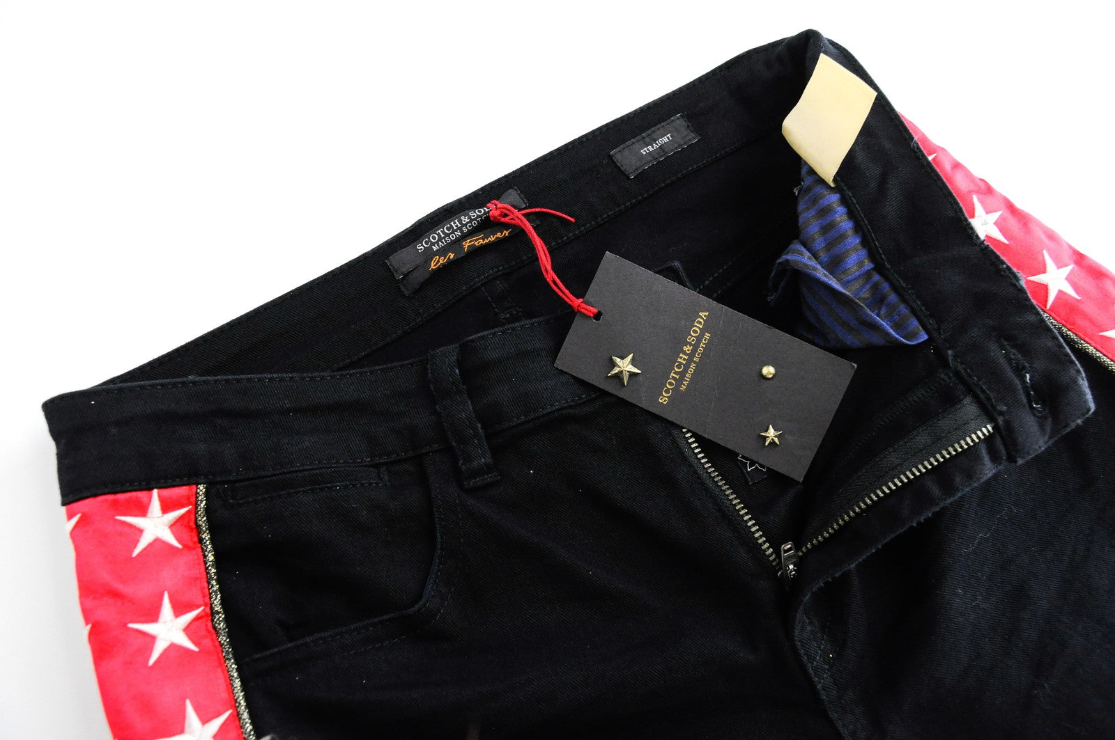 MAISON SCOTCH moteriški W30/L31 juodi tiesūs džinsai su žvaigždėmis dryžuotais šonais 