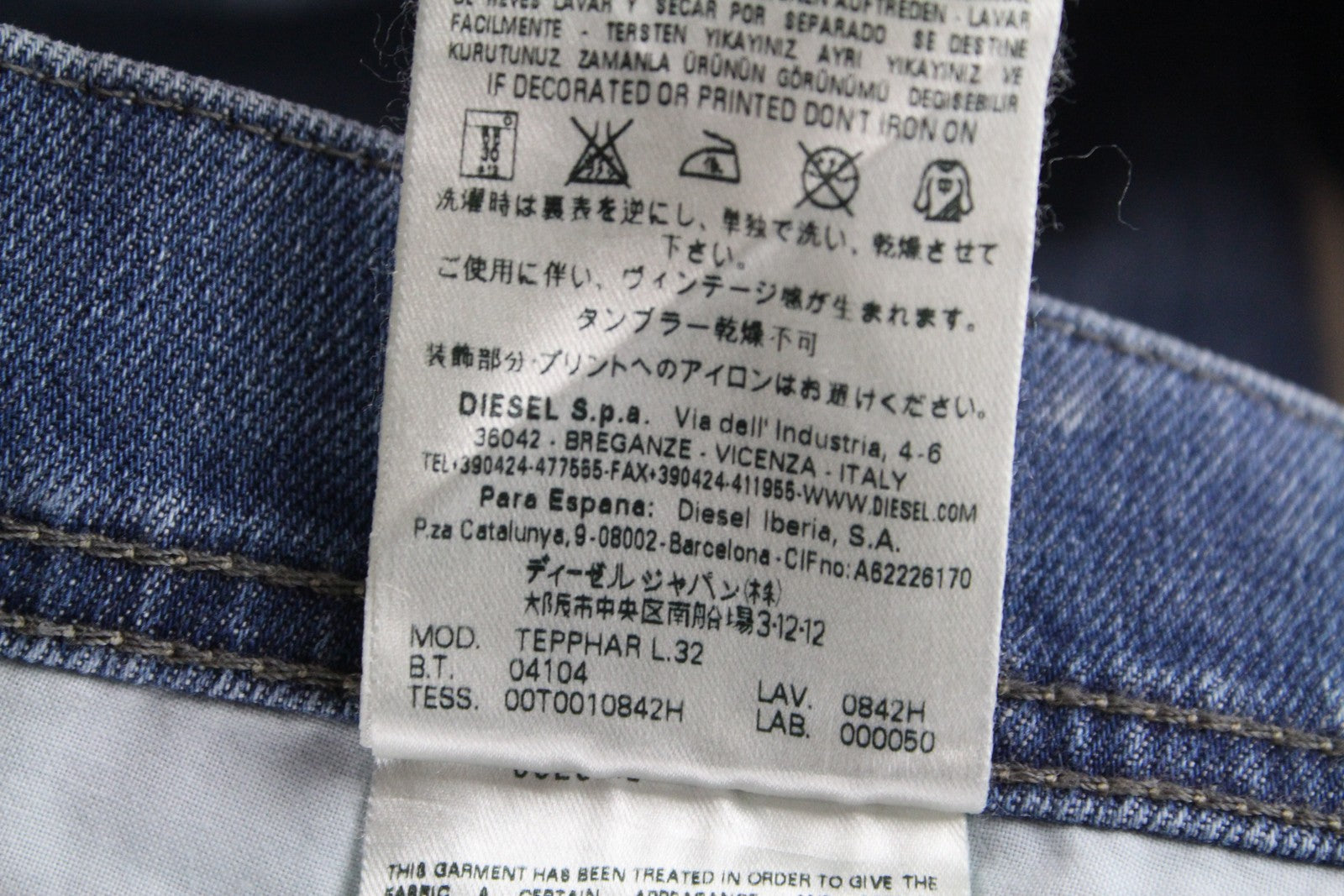 DIESEL Tepphar 0842H vyriški džinsai W40/L32 Slim morkų spalvos, skalbti, tamprūs, mėlyni 