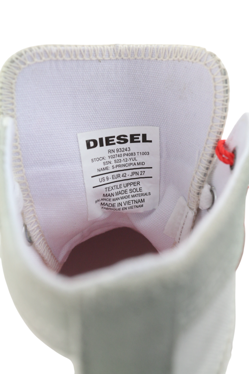 DIESEL S-Principia Mid vyriški sportbačiai, balti, EU42, aukštakulniai, rekomenduojama kaina – 185 € 