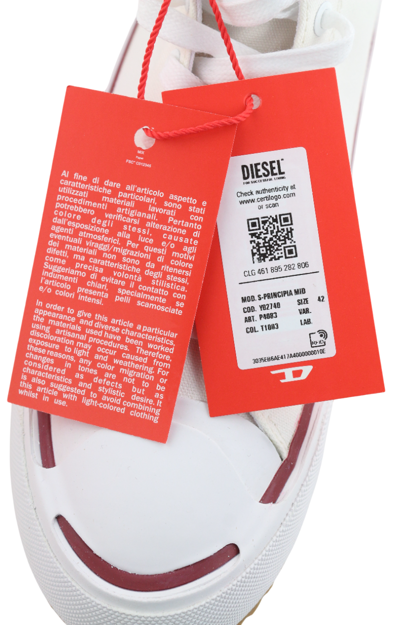 DIESEL S-Principia Mid vyriški sportbačiai, balti, EU42, aukštakulniai, rekomenduojama kaina – 185 € 