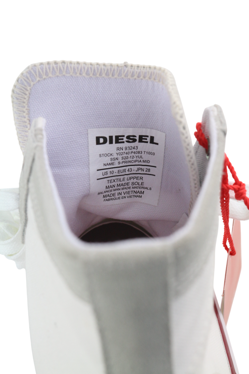 DIESEL S-Principia Mid vyriški sportbačiai, EU43, balti, aukštakulniai, nėriniuoti, rekomenduojama kaina – 185 € 