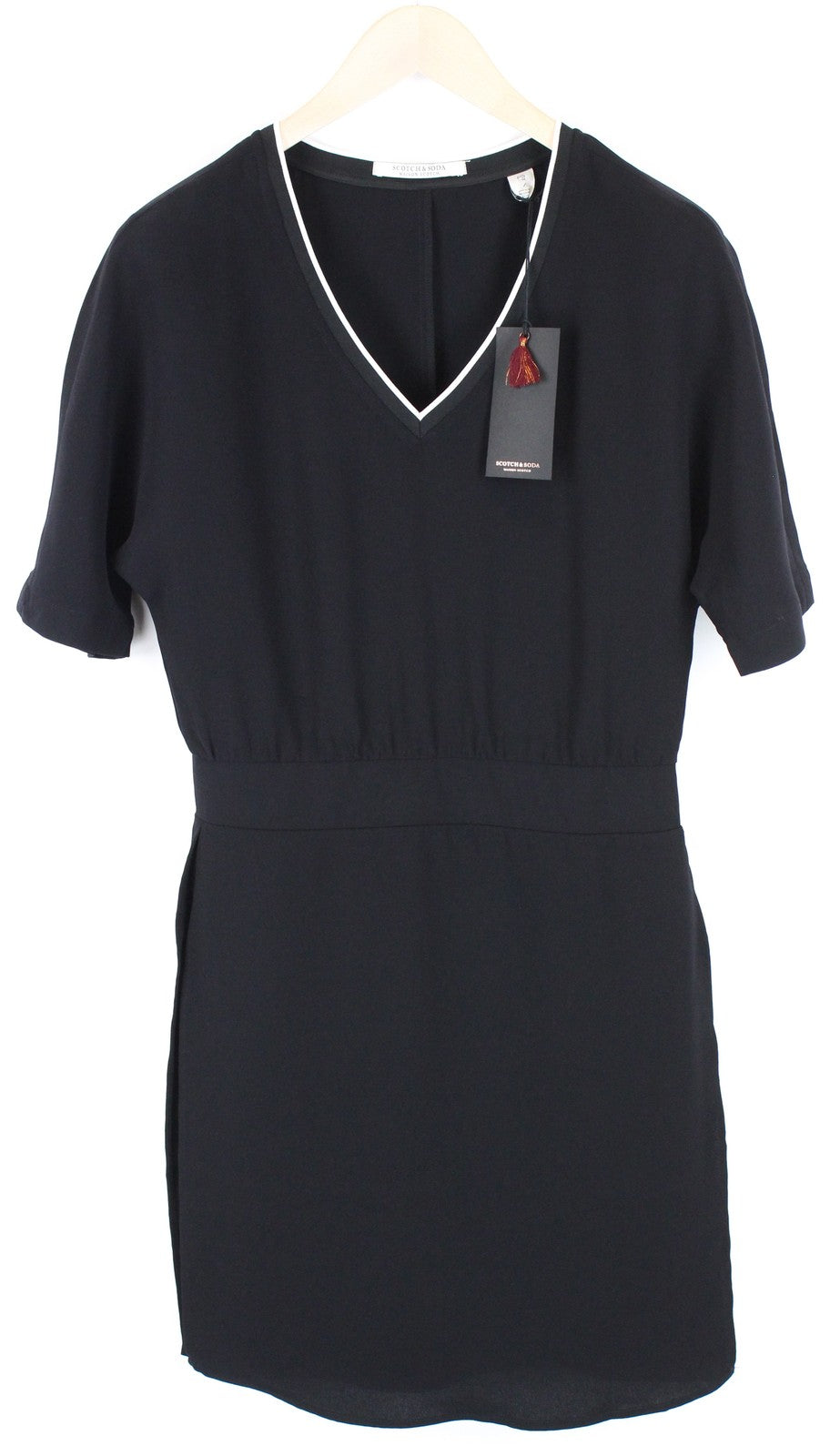 MAISON SCOTCH moteriška suknelė S, juoda, su V formos iškirpte, trumpomis rankovėmis, daugiasluoksnė. 
