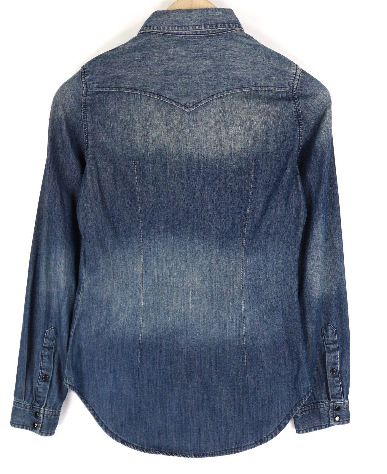 DIESEL De-Pratt moteriški marškinėliai, 2XS, džinsiniai, vesterno stiliaus, skalbti, išskleidžiamo kaklo, su sagomis. 