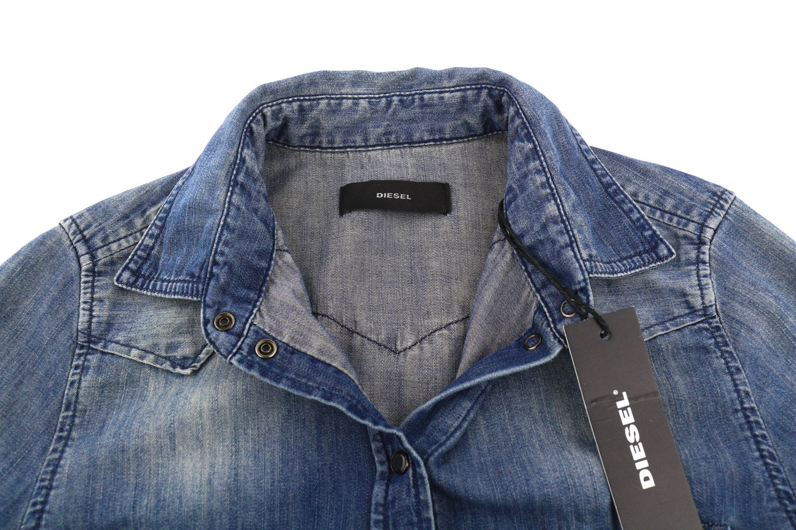 DIESEL De-Pratt moteriški marškinėliai, 2XS, džinsiniai, vesterno stiliaus, skalbti, išskleidžiamo kaklo, su sagomis. 