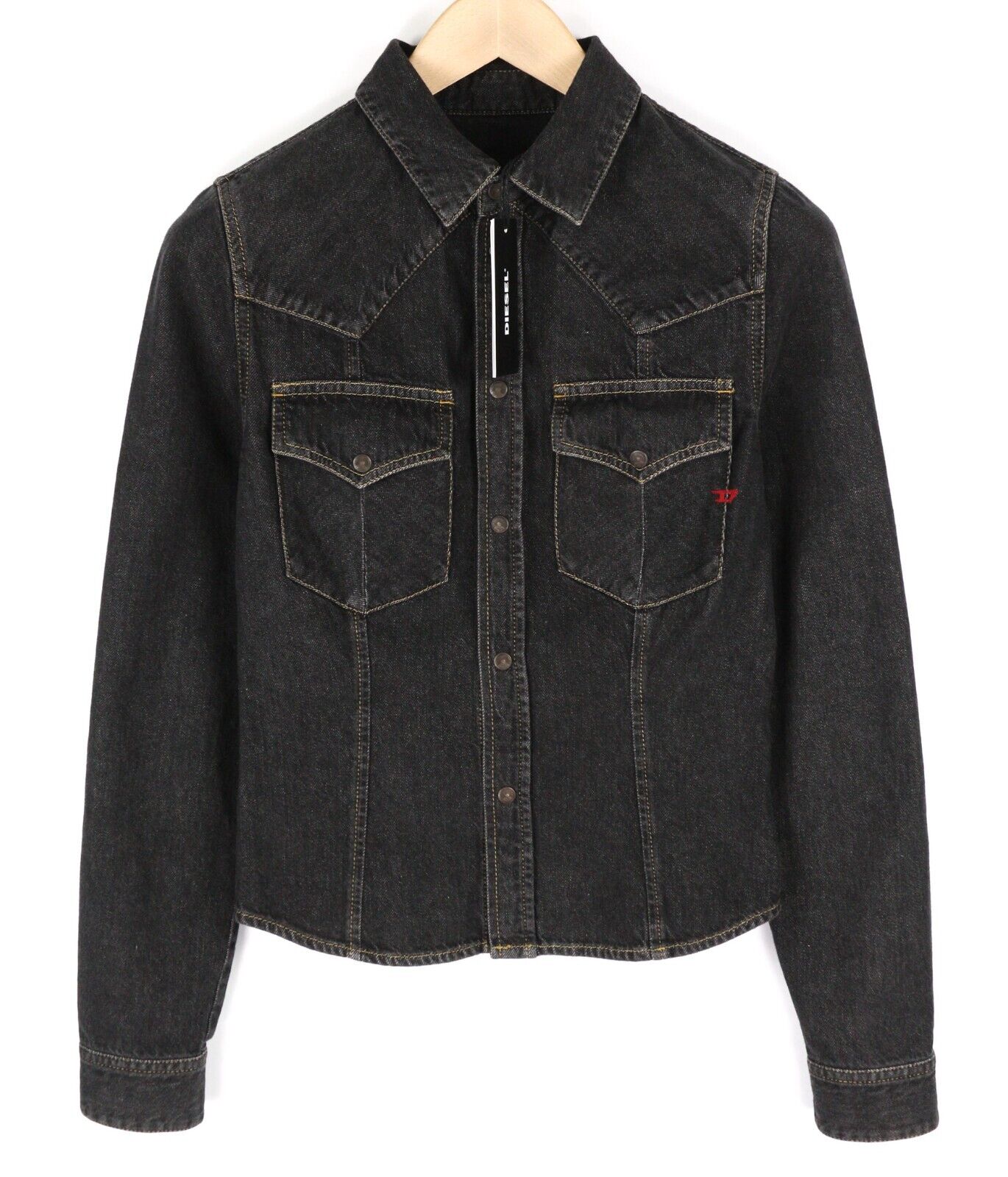 DIESEL De-Rin-F moteriški marškinėliai S džinsinio audinio, vesterno spalvos, tamsiai juodi, išskleidžiamo kaklo, su sagomis.