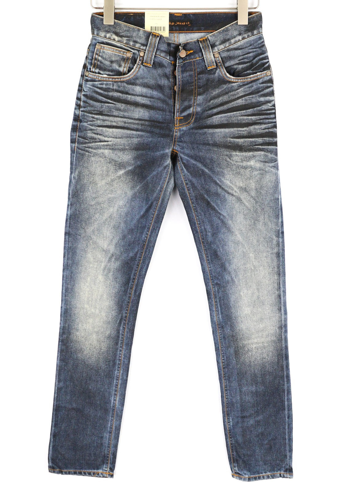 NUDIE Grim Tim vyriški džinsai W28/L32, dėvėti, juodi, dengti, ploni, tiesūs, skalbto logotipo imitacijos džinsai. 