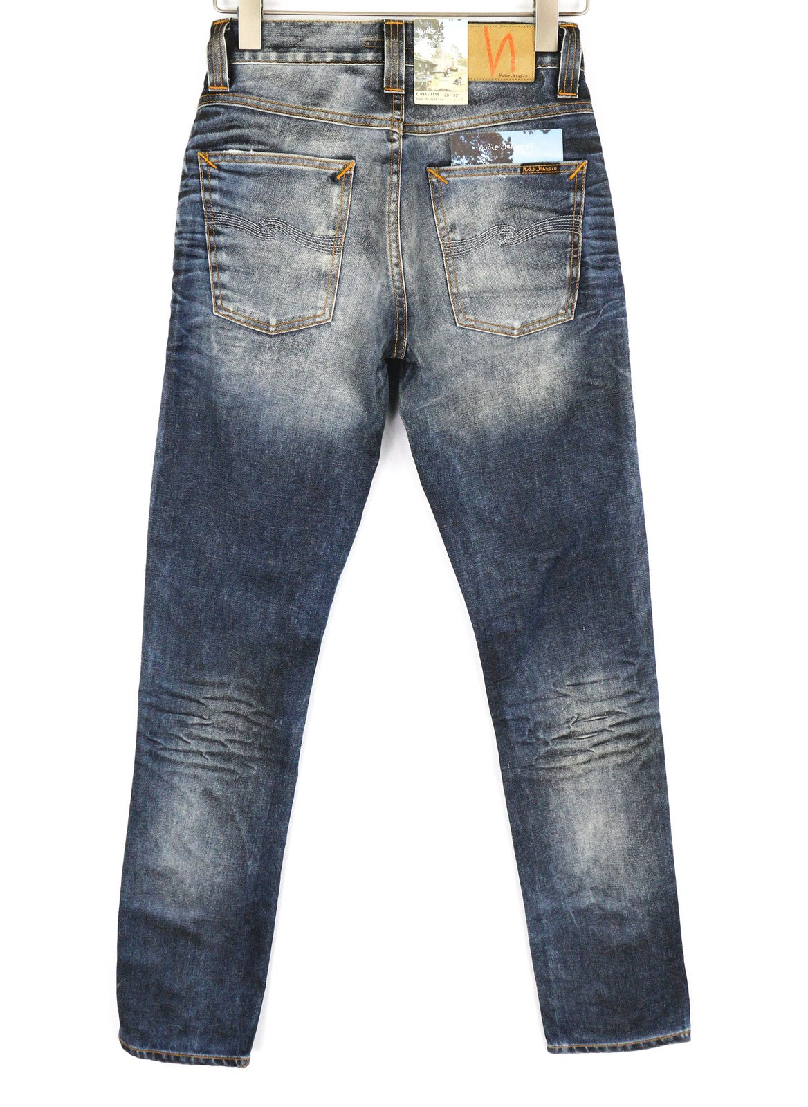 NUDIE Grim Tim vyriški džinsai W28/L32, dėvėti, juodi, dengti, ploni, tiesūs, skalbto logotipo imitacijos džinsai. 