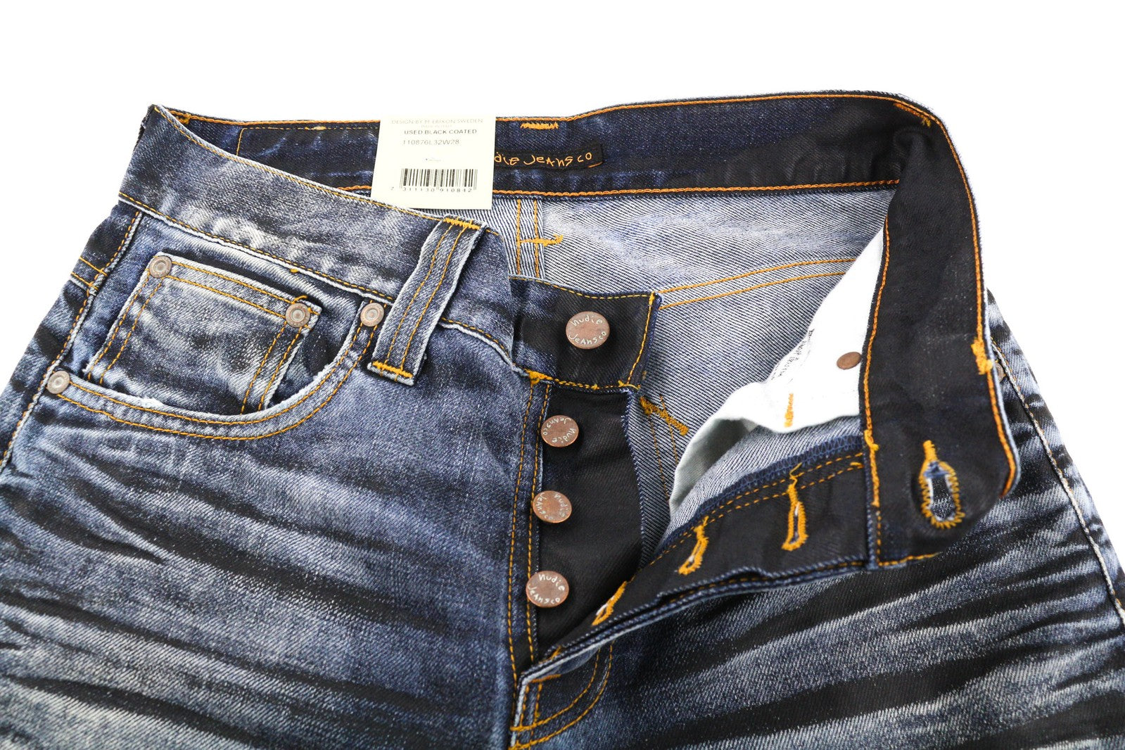 NUDIE Grim Tim vyriški džinsai W28/L32, dėvėti, juodi, dengti, ploni, tiesūs, skalbto logotipo imitacijos džinsai. 