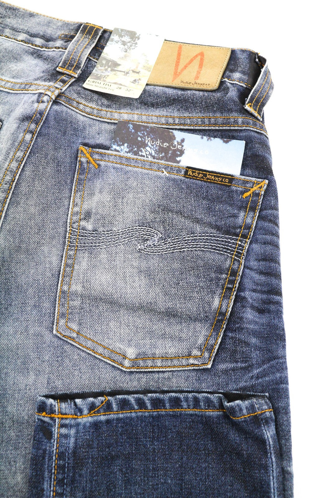 NUDIE Grim Tim vyriški džinsai W28/L32, dėvėti, juodi, dengti, ploni, tiesūs, skalbto logotipo imitacijos džinsai. 