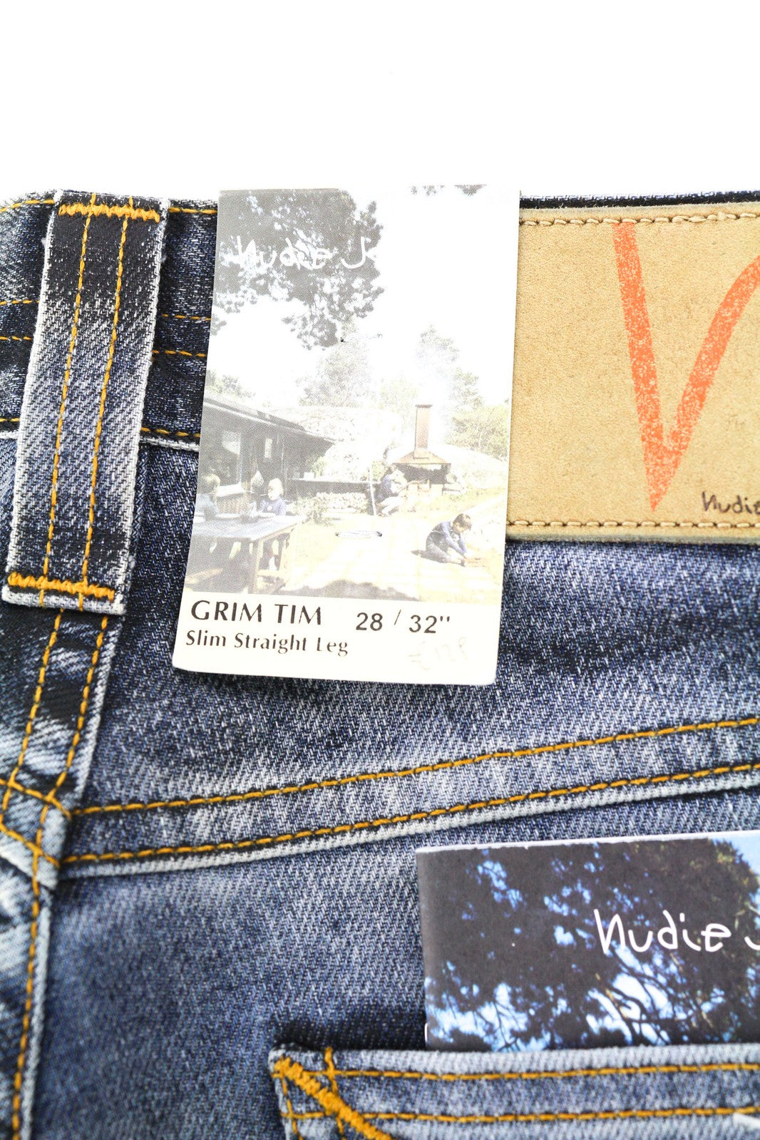 NUDIE Grim Tim vyriški džinsai W28/L32, dėvėti, juodi, dengti, ploni, tiesūs, skalbto logotipo imitacijos džinsai. 