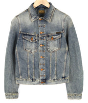 NUDIE Billy vyriška striukė S, žvilganti indigo spalvos, plėšyta, sagomis užsegama apykakle 