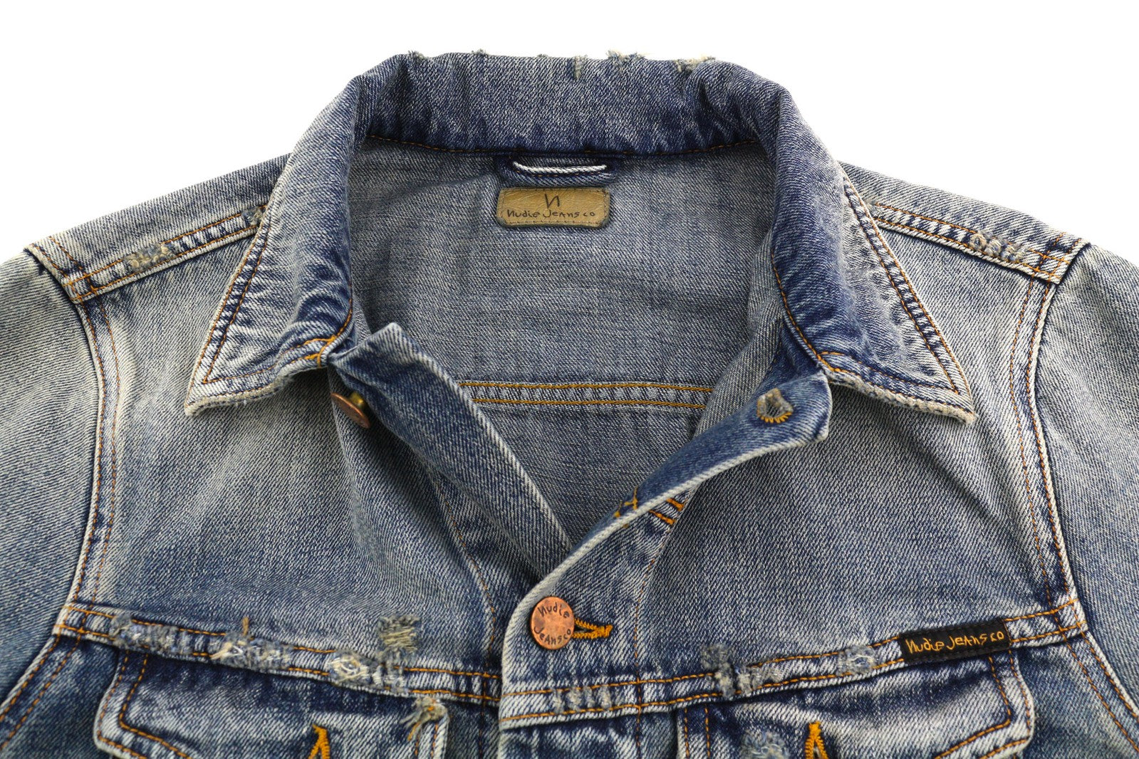 NUDIE Billy vyriška striukė S, žvilganti indigo spalvos, plėšyta, sagomis užsegama apykakle 